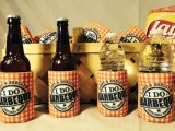 personalize water and beer bottles with plaid covers for your bbq rehearsal dinner and make it cooler