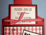 a fun and bright bbq rehearsal invitation shaped as an apron, with plaid touches is a fun and cute idea