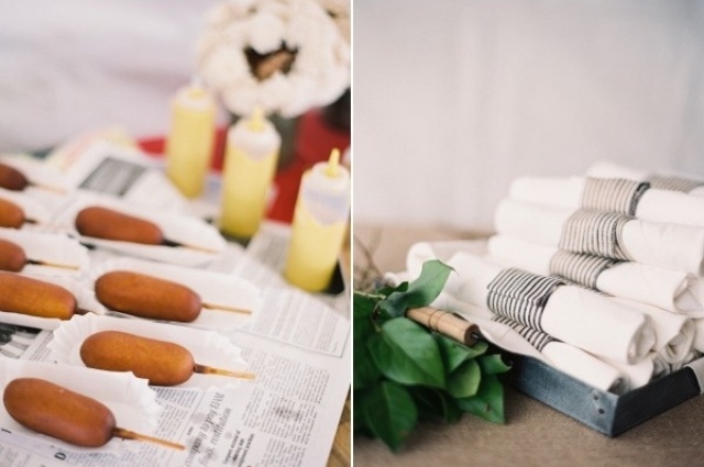 Serve corndogs with various kinds of dips and sauces are great for any relaxed rehearsal dinner including a bbq one