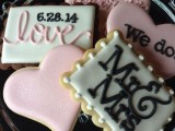 glazed cookies with monograms, hearts, letters and a wedding date are a fun and cool idea for your cookie bar