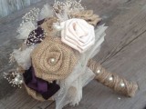 a fake flower wedding bouquet with a tulle and burlap wrap for a rustic wedding