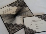 elegant black and white wedding stationery with black tulle and black lace for an elegant touch