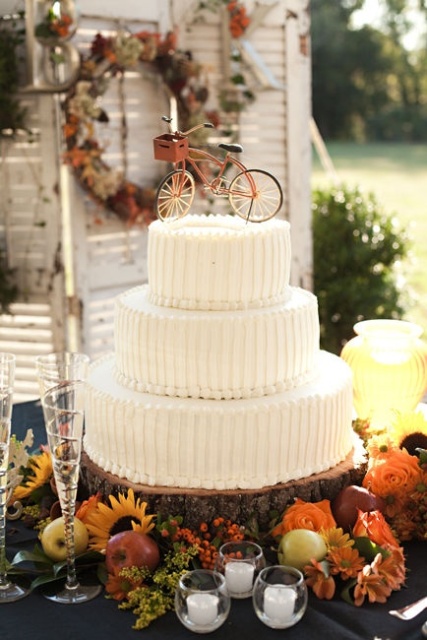 a white textural buttercream wedding cake topped with a bike is a stylish and fun solution for a wedding