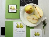 a bold fall wedding invitation suit in green with pears is a cool idea for a harvest wedding