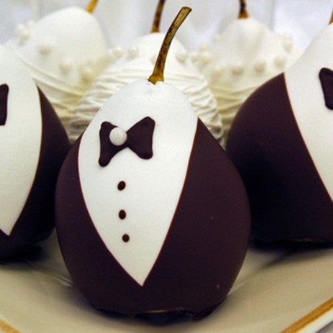 candied pears dressed up in tuxedos are amazing for a stylish wedding, whether it's a formal one or not