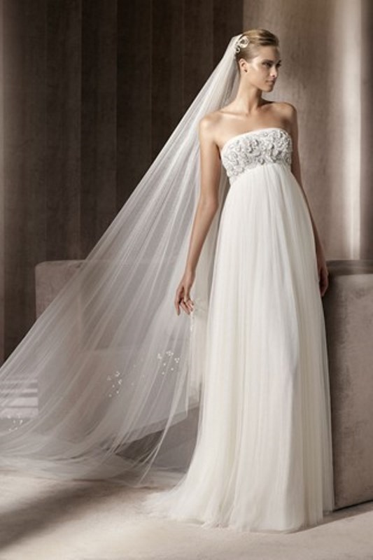 an exquisite A line wedding dress with a lace and embellished bodice, an empire waist, a pleated skirt and a veil