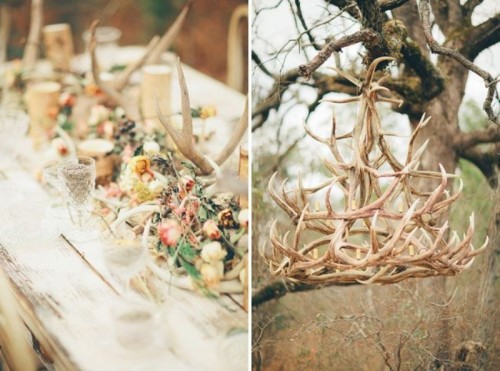 a gilded antler chandelier is a beautiful wedding venue decor idea to rock, it's glam and very chic