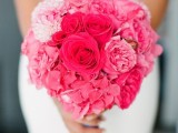 a pink wedding bouquet with roses, hydrangeas, garden roses is a lovely idea for a spring or summer wedding