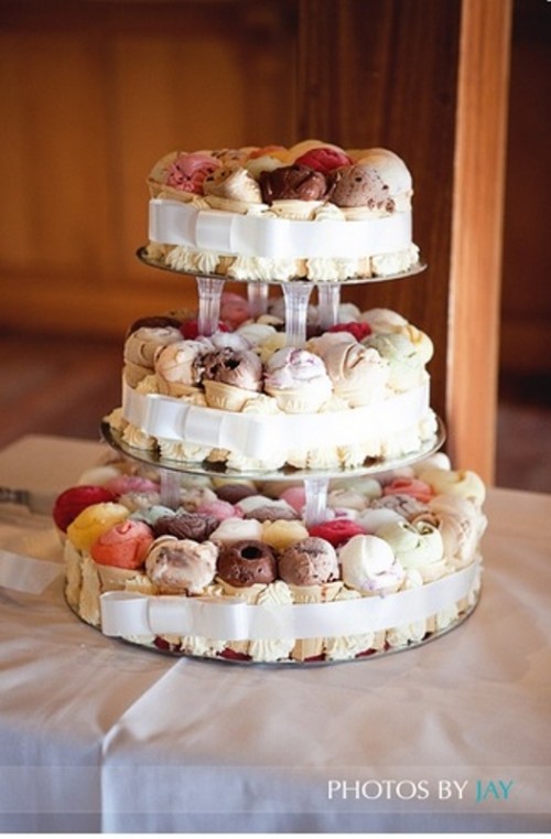 an ice cream cone wedding cake with various kind sof ice cream is a very refreshing idea for a summer wedding