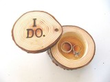 a rustic wedding ring pillow alternative – a box made of tree slices with I Do