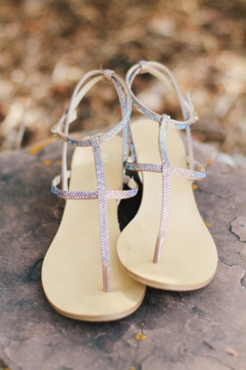 iridescent flat sandals like these will be a nice solution for a beach bride or bridesmaid