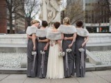 grey maxi bridesmaid dresses with light grey coverups are a nice combo for a modern winter wedding and they are elegant