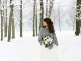 a grey knit coverup is a stylish piece for your winter bridal look and it will keep you warm and cozy