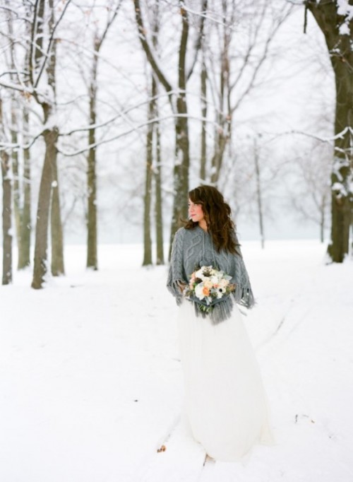 a grey knit coverup is a stylish piece for your winter bridal look and it will keep you warm and cozy