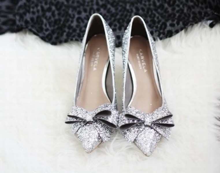 silver sequin bow wedding shoes are a lovely and bright accent for a modern winter bride