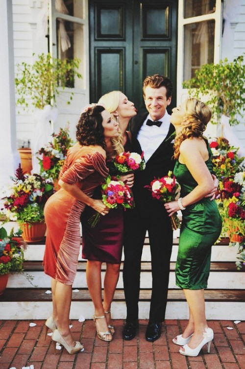 mismatching orange, burgundy and green jewel-tone bridesmaid dresses are gorgeous for a fall wedding andmake a statement with color