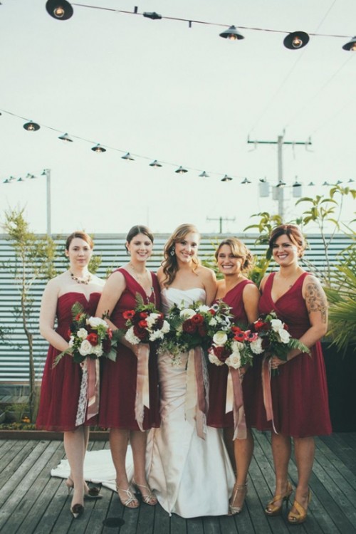 mismatching burgundy knee bridesmaid dresses are great for making a statement and look cute and comfy to wear