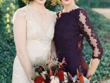 a deep purple fitting bridesmaid dress with lace appliques, illusion sleeves and a high neckline is amazing for the fall