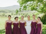 strapless purple maxi bridesmaid dresses with draped bodices and skirts are great for a bold fall wedding