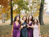 a purple, deep purple and dark green mismatching bridesmaid dresses are great for a fall wedding and look amazing