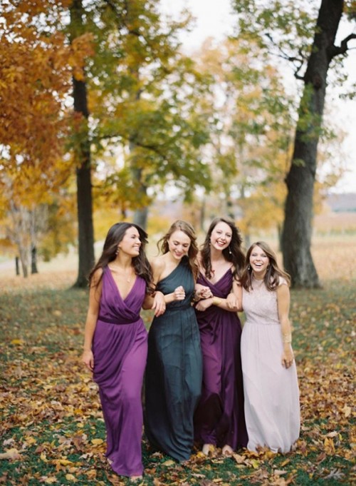 a purple, deep purple and dark green mismatching bridesmaid dresses are great for a fall wedding and look amazing