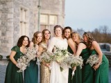 mismatching emerald, teal and gold glitter maxi bridesmaid dresses are amazing for an elegant fall or winter wedding