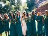 bold mismathing teal maxi and midi bridesmaid dresses are great for a bright and cool fall wedding