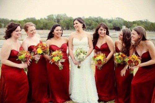 strapless burgundy maxi bridesmaid dresses are bold, chic and bright, they will make a color statement at the wedding