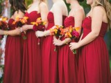 strapless maxi bridesmaid dresses with pleated bodices are amazing for a chic and bold fall wedding