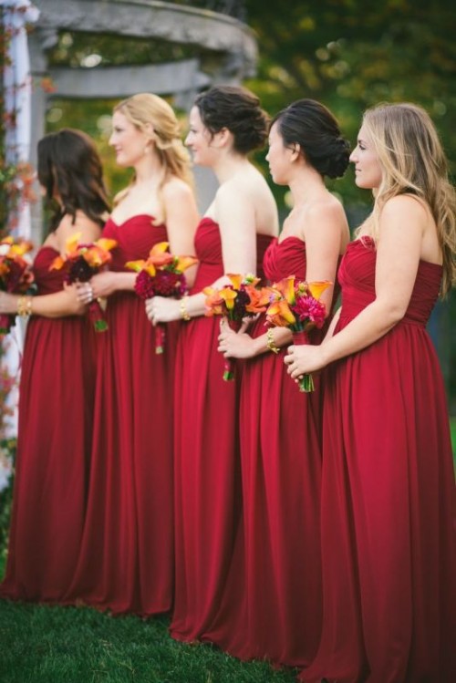 strapless maxi bridesmaid dresses with pleated bodices are amazing for a chic and bold fall wedding