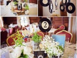 vinyl hanging over the tables and just around the venue and attached to the centerpieces with table numbers