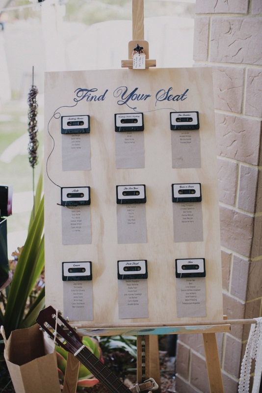 A seating chart done with real tape cassettes is a great and very nostalgic idea for a music loving wedding