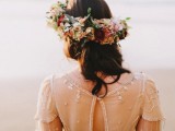 a bright fall floral crown with pink, burgundy and neutral blooms and greenery is a stylish and bold idea for a fall wedding