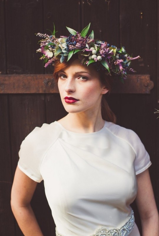 a bright fall floral crown with purple and lilac blooms, foliage and berries is a very cool idea for a fall boho bride