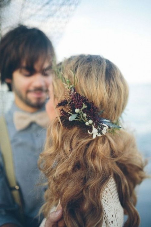 a delicate fall floral crown with greenery, purple blooms and white ones, berries is a lovely fall boho idea