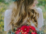 a bright boho fall floral crown with neutral, burgundy blooms, thistles, seed pods, berries, twigs and foliage is gorgeous