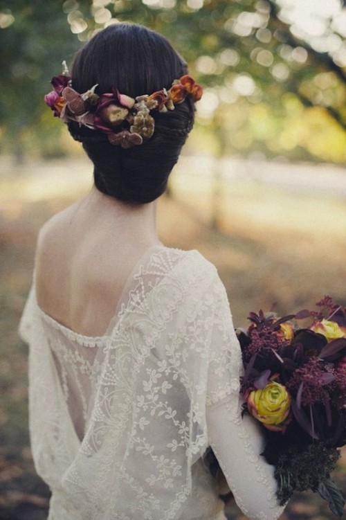 a refined fall floral crown with orange, purple blooms and seed pods is a very chic and cool idea to rock for an exquisite fall bride