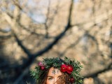 a bold and textural fall floral crown with fuchsia and red blooms and lots of textural foliage is a lovely and bold idea to stand out