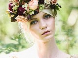 a super lush and bold fall floral crown with purple and peachy blooms, greenery and green hydrangeas is a lovely idea to make a statement