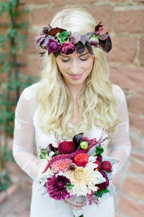 a moody fall floral crown with purple blooms and dark foliage will be a great idea for a fall boho bride