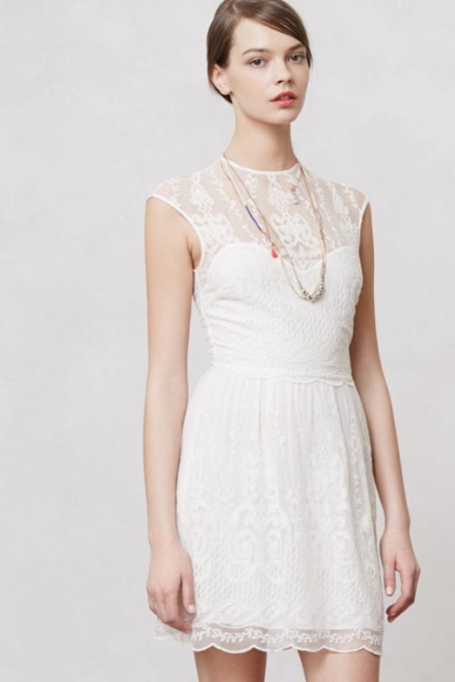 a white lace mini dress with caps sleeves, an illusion neckline and layered necklaces for a simple city hall elopement