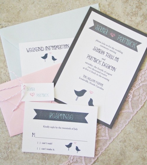 grey, pink and white wedding stationery with love birds printed is a gorgeous solution for any cute and informal wedding