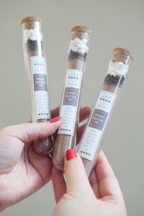 instant mocha mix in large test tubes is a heart-warming gift idea for fall or winter rehearsal dinners