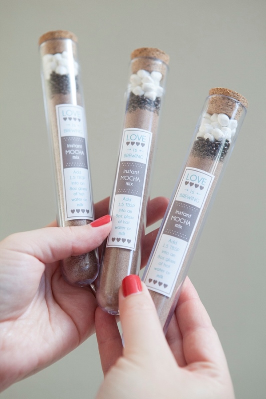 Instant mocha mix in large test tubes is a heart warming gift idea for fall or winter rehearsal dinners