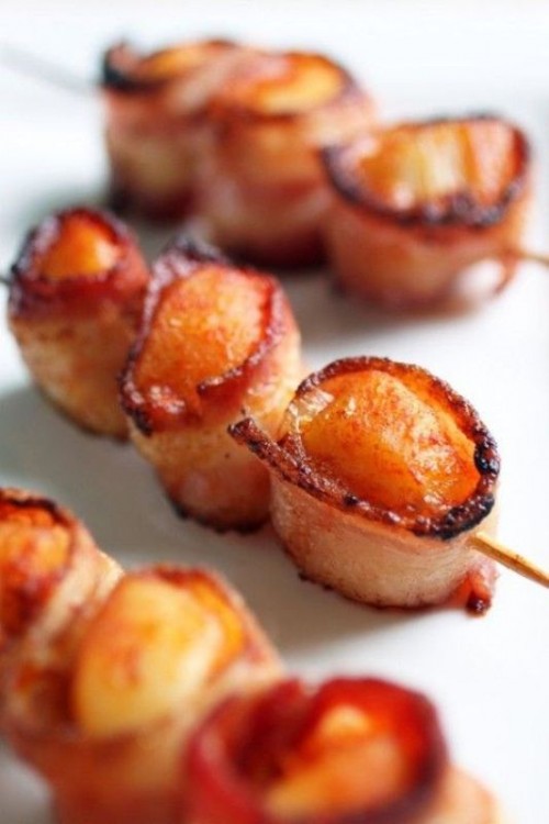 bacon skewers are a timeless and delicious wedding appetizer idea that is heartier than veggies