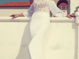 a sheath halter neckline wedding dress with a lace bodice and flowy off the shoulder sleeves