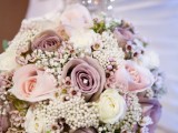 lilac and blush blooms, white ones and baby’s breath plus some eucalyptus for a pretty bouquet