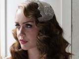 elegant long Hollywood waves with an embellished Juliet cap veil for a chic vintage look
