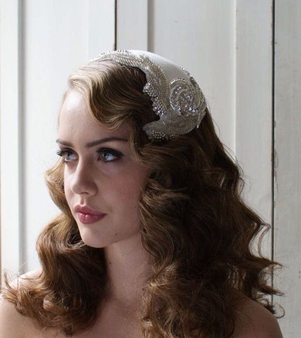 Elegant long Hollywood waves with an embellished Juliet cap veil for a chic vintage look