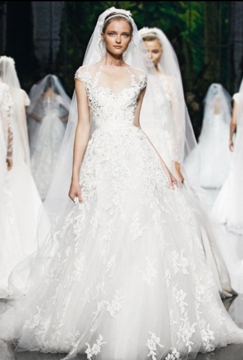 a sophisticated wedding ballgown of lace, with embellishments, illusion shoulders and short sleeves plus a veil is amazing
